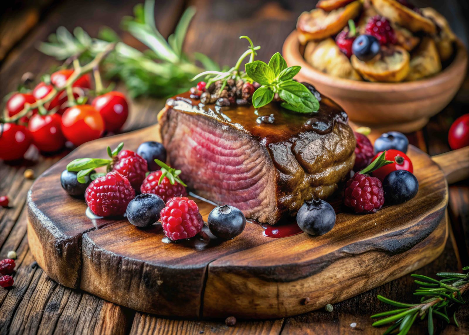 Pan-seared Venison with blueberries, shallots and red wine